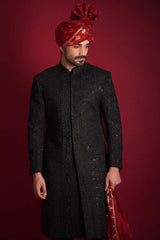 Jet Black Persian Zardozi Artwork Sherwani