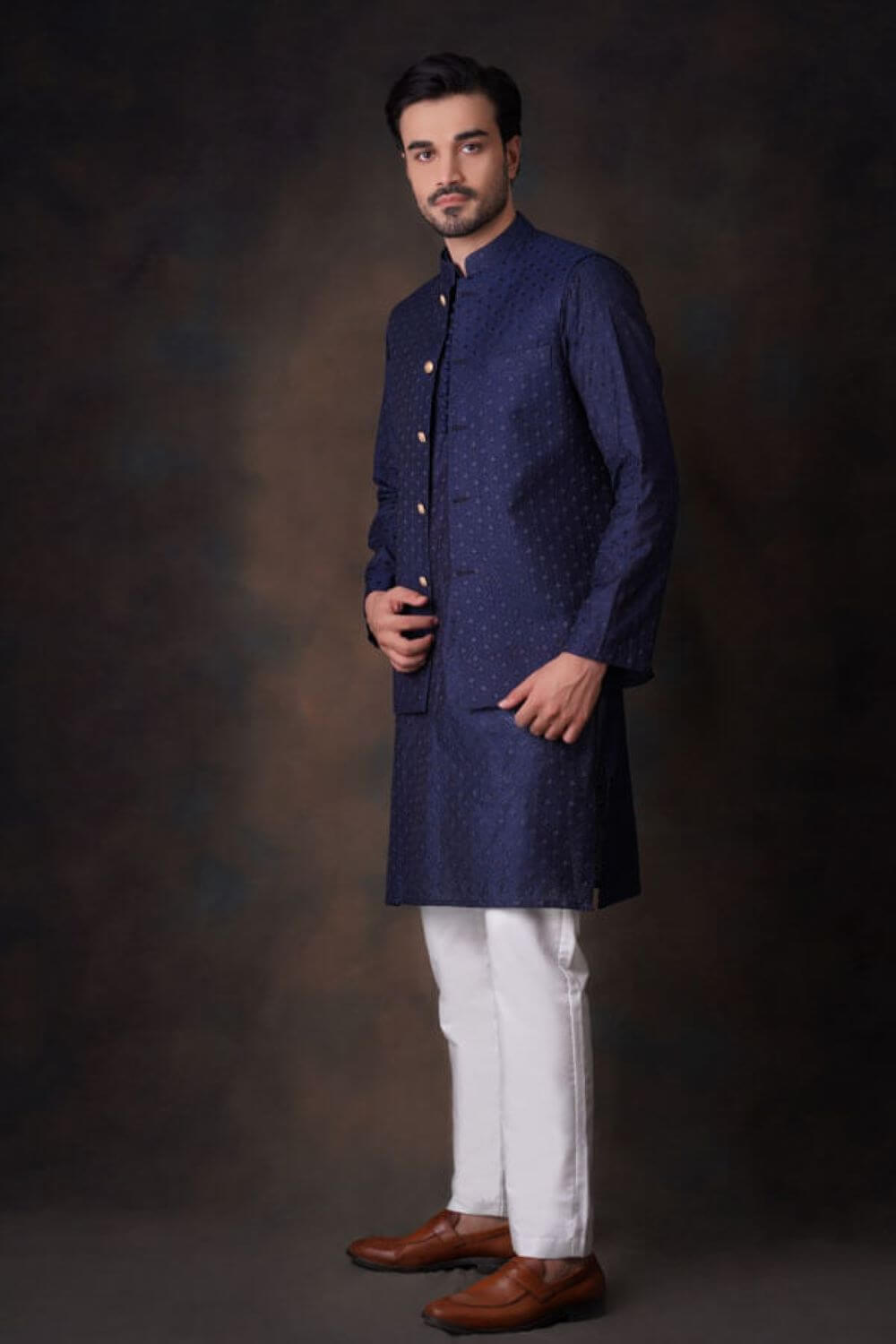 Navy Blue Cotton Sheer Kurta and Waistcoat Set.