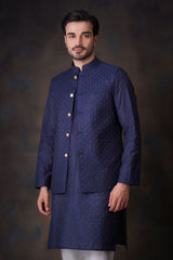 Navy Blue Cotton Sheer Kurta and Waistcoat Set.