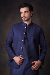 Navy Blue Cotton Sheer Kurta and Waistcoat Set.