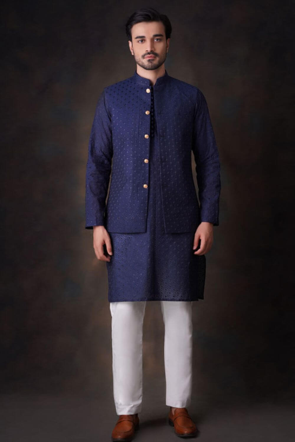 Navy Blue Cotton Sheer Kurta and Waistcoat Set.