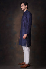 Navy Blue Cotton Sheer Kurta and Waistcoat Set.