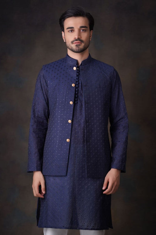 Navy Blue Cotton Sheer Kurta and Waistcoat Set.