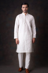 Pearl White Kurta Pyjama Pants Set.