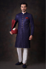 Jashan - Midnight Blue All Embroidered Sherwani Set.