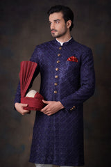 Jashan - Midnight Blue All Embroidered Sherwani Set.