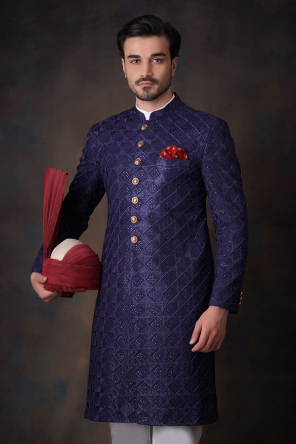 Jashan - Midnight Blue All Embroidered Sherwani Set.