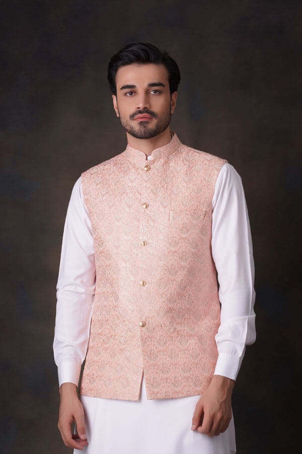 Peach All Embroidered Waistcoat.