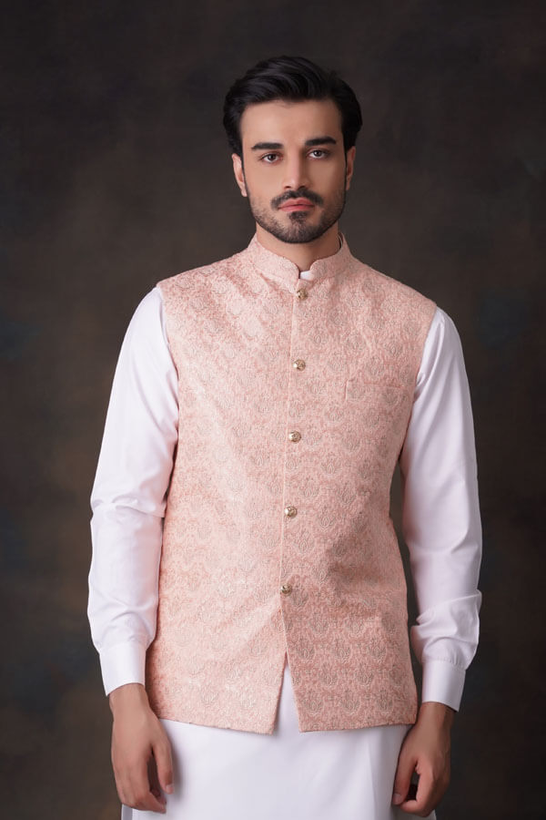 Peach All Embroidered Waistcoat.