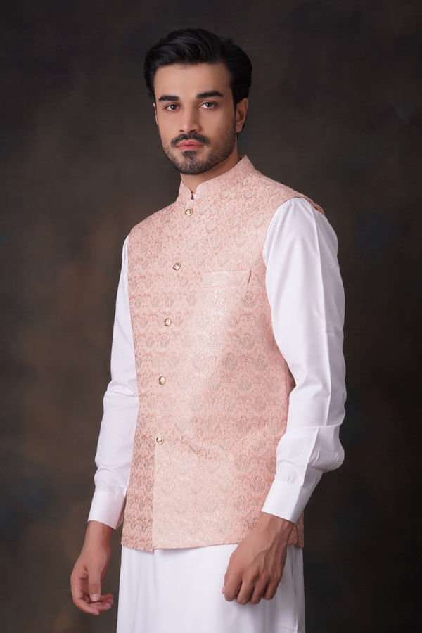 Peach All Embroidered Waistcoat.