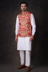 Peach Multicolor Accents All Embroidered Waistcoat Set.