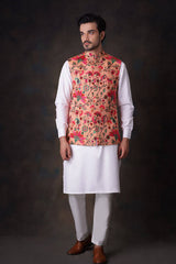 Peach Multicolor Accents All Embroidered Waistcoat Set.