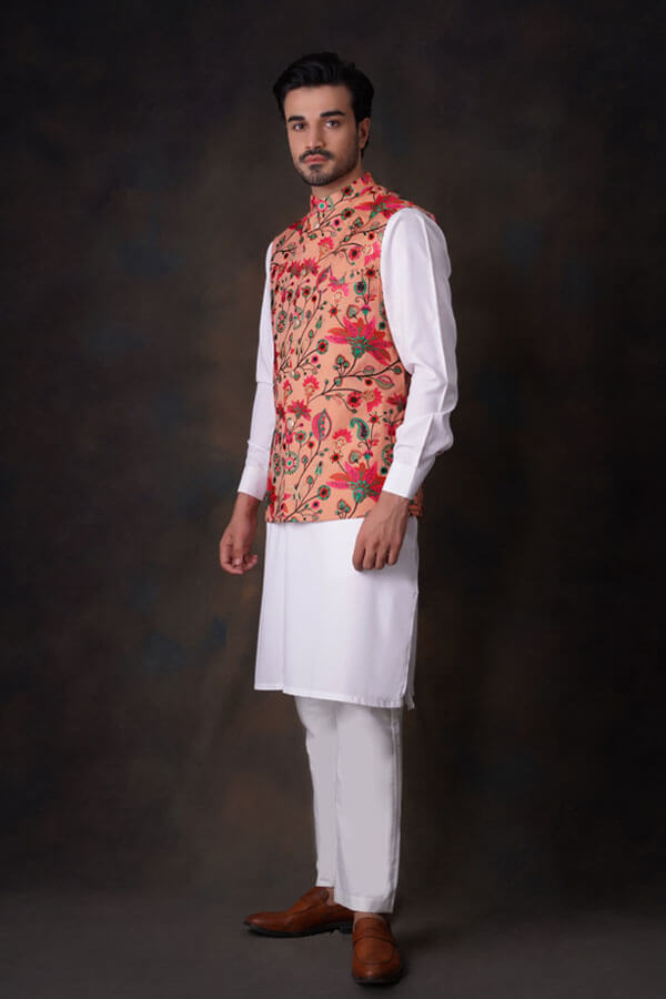 Peach Multicolor Accents All Embroidered Waistcoat Set.