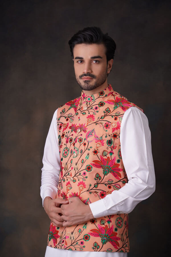 Peach Multicolor Accents All Embroidered Waistcoat Set.