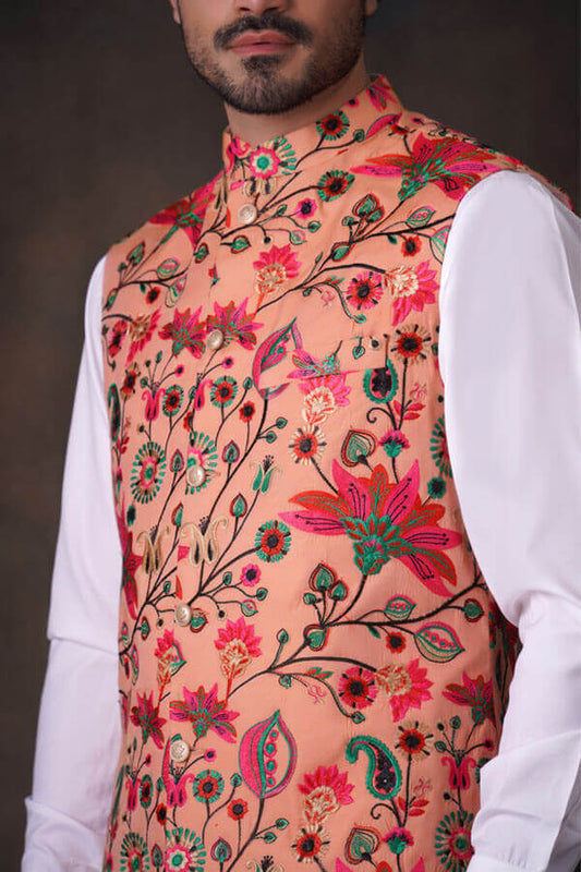 Peach Multicolor Accents All Embroidered Waistcoat Set.