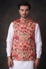 Peach Multicolor Accents All Embroidered Waistcoat Set.