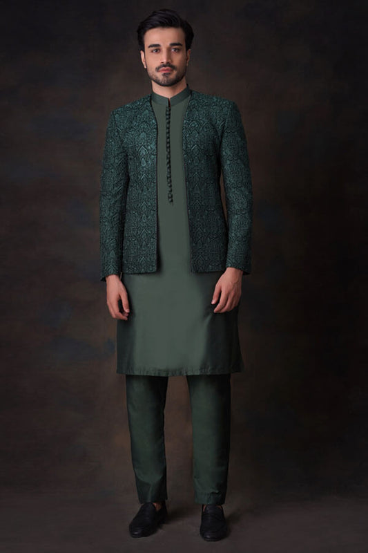 Emerald Green Resham Embroidered Prince Jacket.