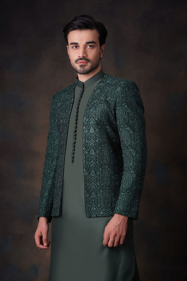 Emerald Green Resham Embroidered Prince Jacket.