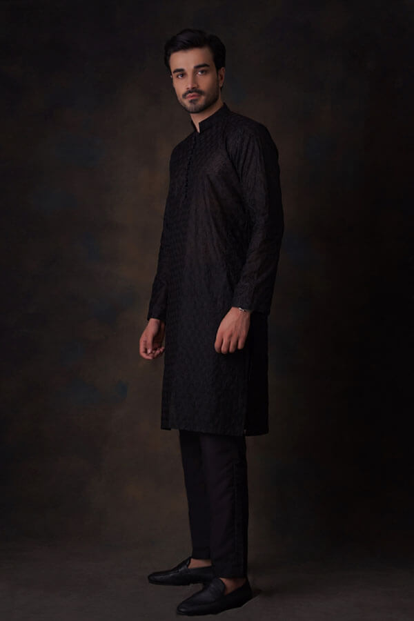 Jet Black Honey Comb Embroidery sheer kurta