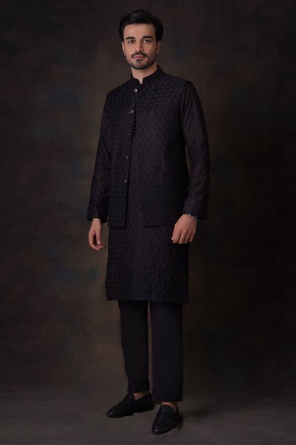 Jet Black Honey comb sheer kurta and waistcoat set