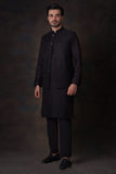 Jet Black Honey comb sheer kurta and waistcoat set