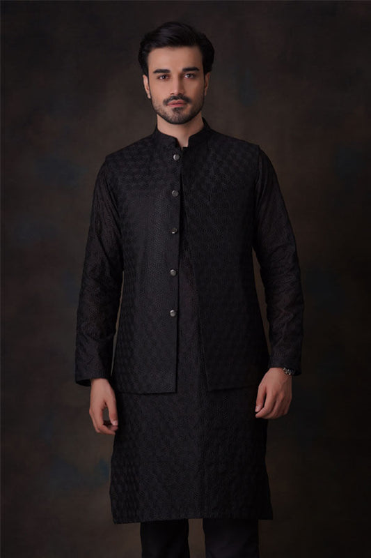 Jet Black Honey Comb Cotton Embroidered Sheer Kurta and Waistcoat set