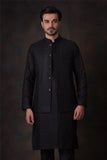 Jet Black Honey Comb Cotton Embroidered Sheer Kurta and Waistcoat set