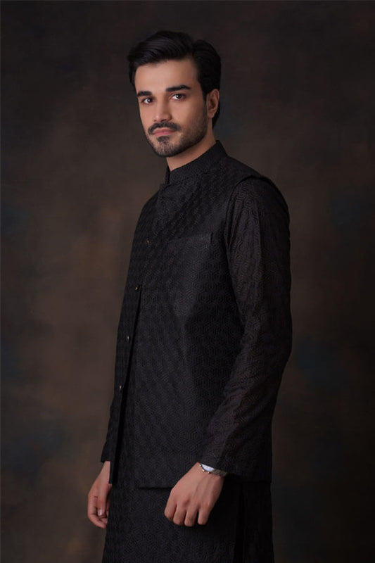 Jet Black Honey Comb Cotton Embroidered Sheer Kurta and Waistcoat set formen 