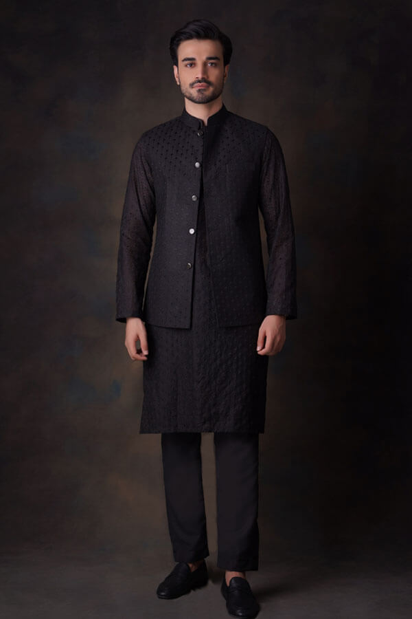 Jet black cotton embroidered sheer kurta and waistcoat set