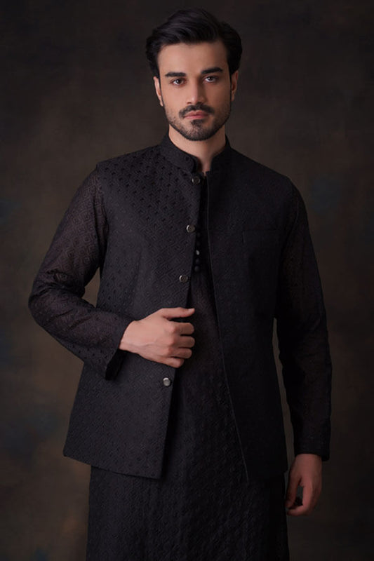 Jet Black Diamond Embroidered Cotton sheer kurta and waistcoat set