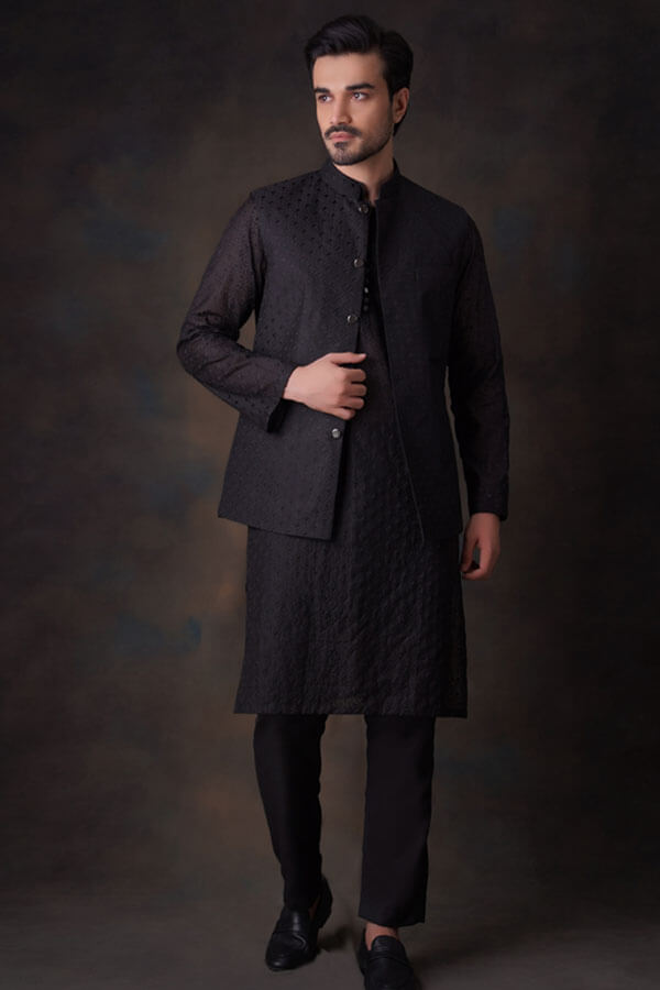 Jet Black Diamond Embroidered Cotton sheer kurta and waistcoat set