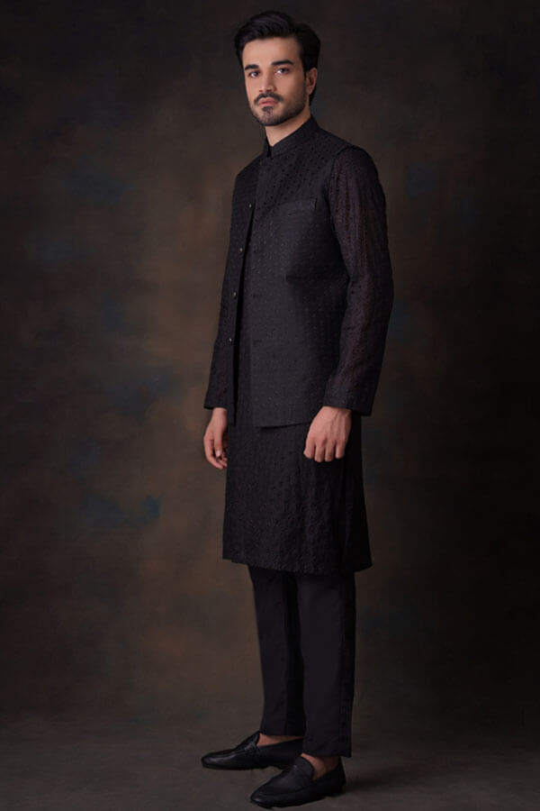 Jet Black Diamond Embroidered cotton sheer kurta and waistcoat set