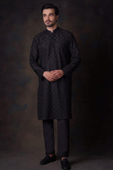 Black All Chikan Embroidered Kurta Pyjama.