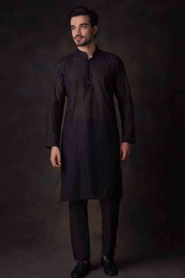 Jet Black Cotton embroidered sheer kurta