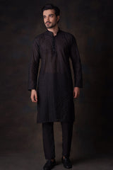 Jet Black Cotton embroidered sheer kurta