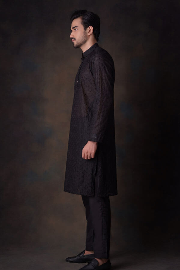 Jet Black cotton embroidered sheer kurta Formen