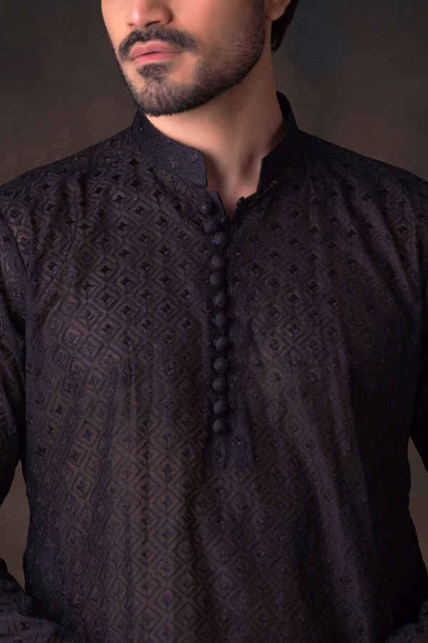 Jet Black Diamond Embroidered Cotton Sheer Kurta and Waistcoat Set.