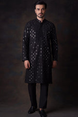 Jet Black Mirror Resham Zardozi Kurta/Pyjama Set.