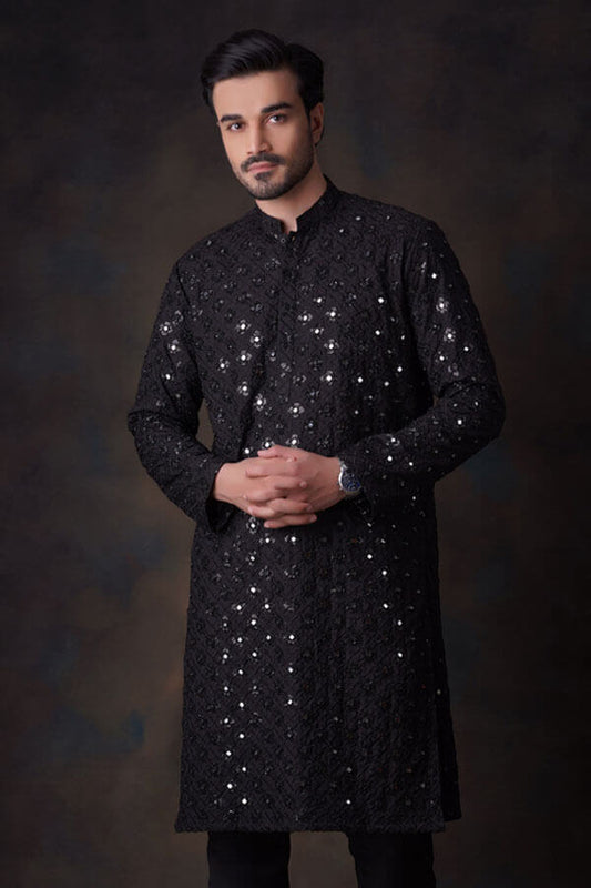 Jet Black Mirror Resham Zardozi Kurta/Pyjama Set.