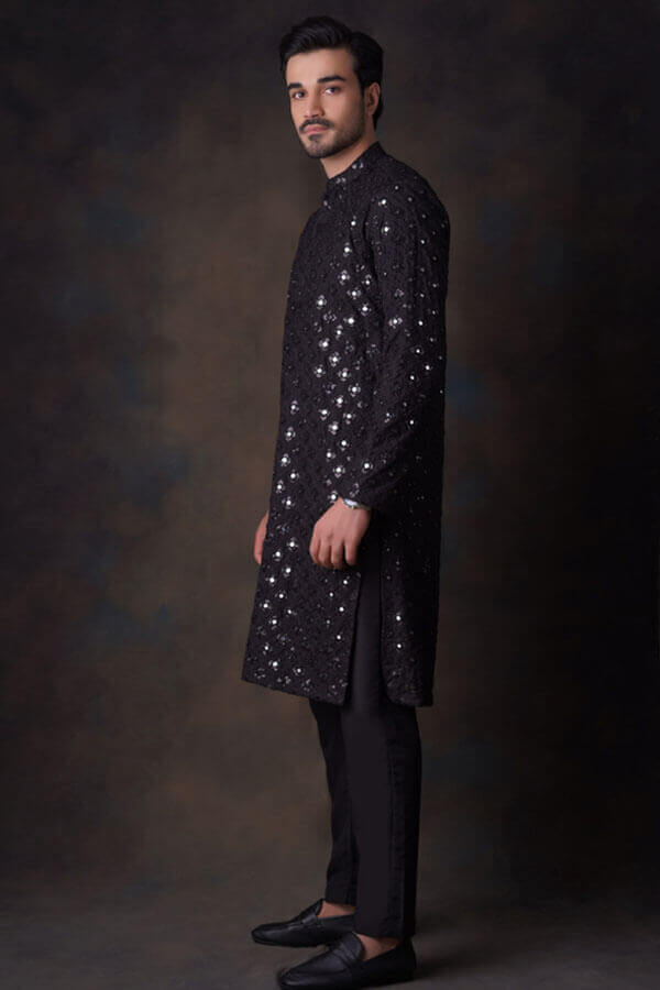 Jet Black Mirror Resham Zardozi Kurta/Pyjama Set.