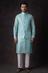 Turquoise Honeycomb Embroidered Cotton Sheer Kurta and Waistcoat Set.