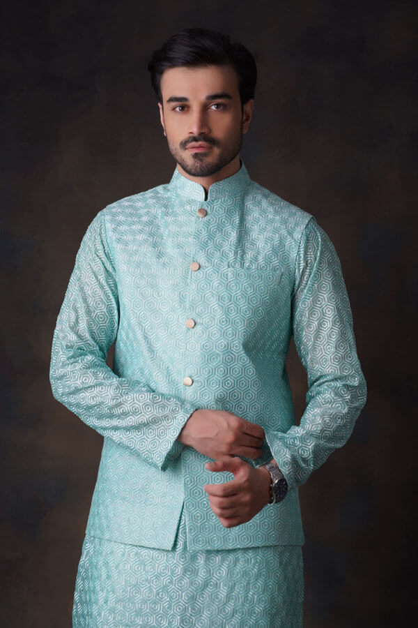 Turquoise Honeycomb Embroidered Cotton Sheer Kurta and Waistcoat Set.