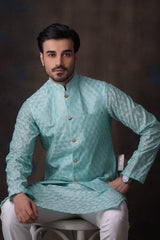 Turquoise Honeycomb Embroidered Cotton Sheer Kurta and Waistcoat Set.