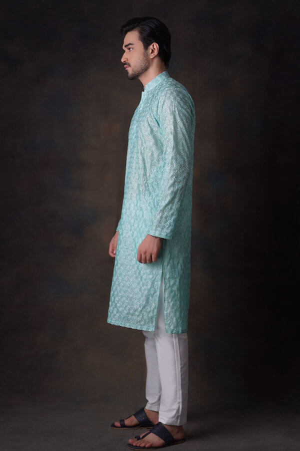 Turquoise Honeycomb Embroidered Cotton Sheer Kurta and Waistcoat Set.