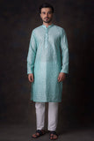 Turquoise Honeycomb Embroidered Cotton Sheer Kurta and Waistcoat Set.