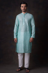 Turquoise Honeycomb Embroidered Cotton Sheer Kurta and Waistcoat Set.