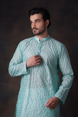 Turquoise Honeycomb Embroidered Cotton Sheer Kurta set