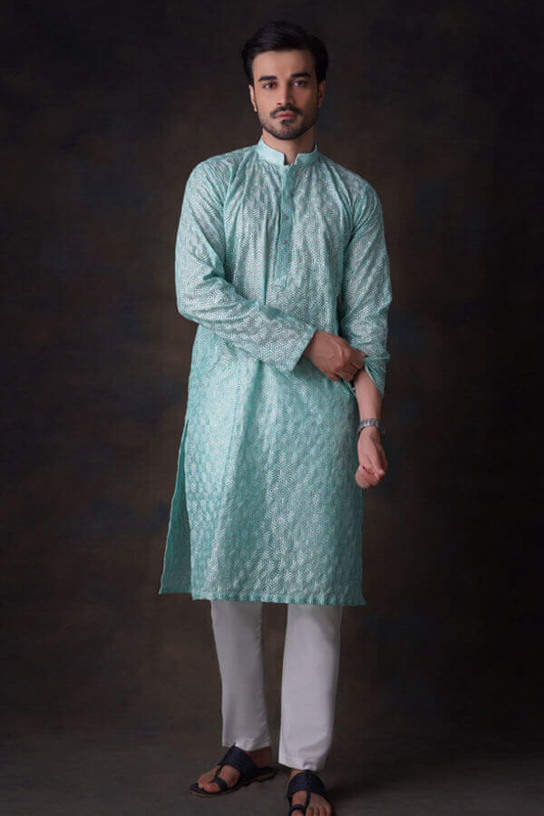 Turquoise Honeycomb Embroidered Cotton Sheer Kurta Formen