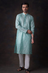 Turquoise Honeycomb Embroidered Cotton Sheer Kurta Formen