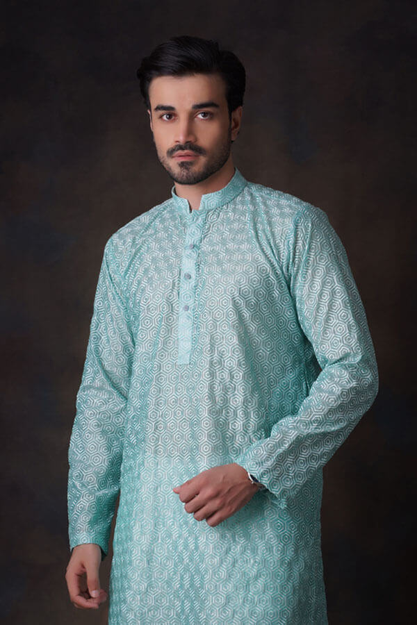 Turquoise Honeycomb Embroidered Cotton Sheer Kurta